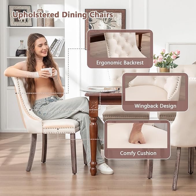 Velvet Dining Chairs Set of 2, Tufted Dining Room Chairs with Nailhead Ring Pull Trim, Upholstered Dining Chairs with Solid Wood Legs for Kitchen Dining Room (Beige)