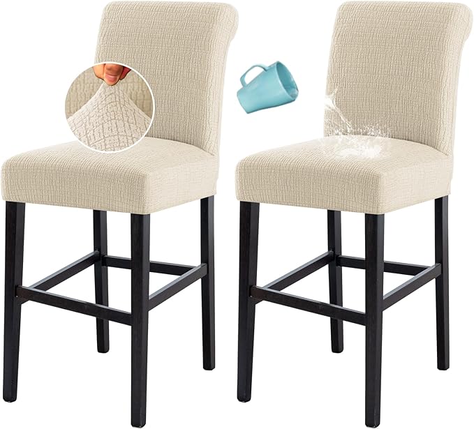 H.VERSAILTEX 100% Waterproof Pub Counter Stool Chair Covers Slipcover Rectangular Jacquard Crizzle Pattern Stretch Barstool Seat Covers with Backs Washable Dining Room Chair Covers Set of 2, Ivory