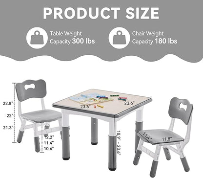 Kids Study Table and Chairs Set, Height Adjustable Toddler Table and Chair Set for Kids Ages 3-8, 23.6" L x 23.6" W Graffiti Desktop Plastic Children Art Table with 2 Seats, W-Grey
