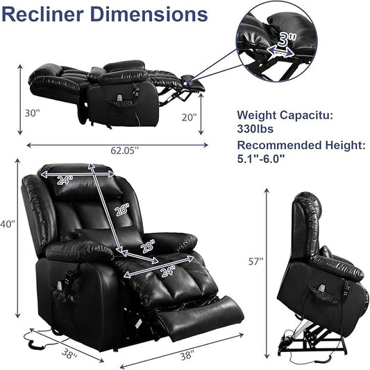 MAEVIS Large Genuine Leather Power Lift Recliner Chair, Dual Motor Recliner for Elderly,Extended Footrest and Lumbar Pillow for Tall Man,with Heat and Massage, USB and Type-C Ports(Black)