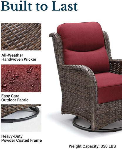 HILLGA Luxury Patio Furniture Set with 6-inch Thick Cushion, Outdoor High Back Swivel Rocker Patio Chairs, 3PCS Wicker Conversation Set for Deck Yard and Poolside, Burgundy (V2)