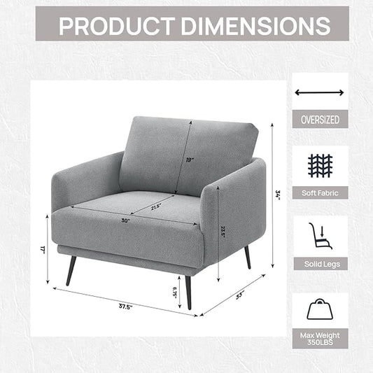 Mid-Century Accent Chair,Modern Oversized Armchair for Living Room,Comfy Upholstered Reading Accent Chairs for Bedroom,Single Sofa Chair (Grey-1PACK)