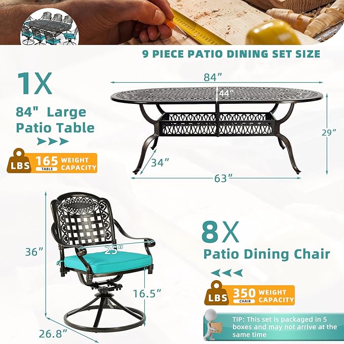 MEETWARM 9-Piece Outdoor Patio Dining Set, All-Weather Cast Aluminum Patio Conversation Set with 8 Cushioned Swivel Rocker Chairs for Backyard Garden Deck, 1 Oval Table, 2" Umbrella Hole, Ocean Blue