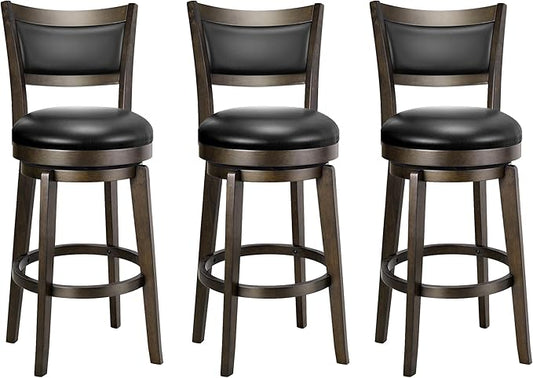 PrimeZone Swivel Bar Stools Set of 3, 26 Inch Counter Height Barstools, Black Faux Leather Bar Stool with High Backrest & Solid Wood Legs & Wrap-around Footrest, Counter Stools for Kitchen Island, Pub