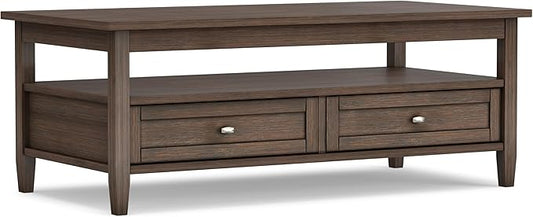 SIMPLIHOME Warm Shaker Coffee Table - 48 inch Wide Solid Wood Cocktail Table in Farmhouse Brown, Transitional Living Room Table with 2 Storage Drawers and Open Shelf for Sitting Area or Lounge
