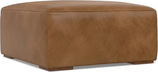 SIMPLIHOME Rex Ottoman in Full-Grain Genuine Leather, Caramel Brown, 34-inches Wide, Modern-Style Table Ottoman or Footrest, Assembled, for Living Room and Family Room