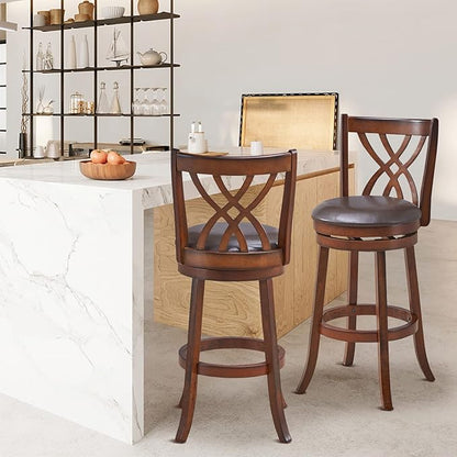 COSTWAY Bar Stools Set of 4, 360° Swivel Chairs with Rubber Wood Frame, 30-Inch PU Leather Cushioned Seat and Footrests, for Kitchen Island, Dining Room, Bar (Brown-30 inches, 4 stools)