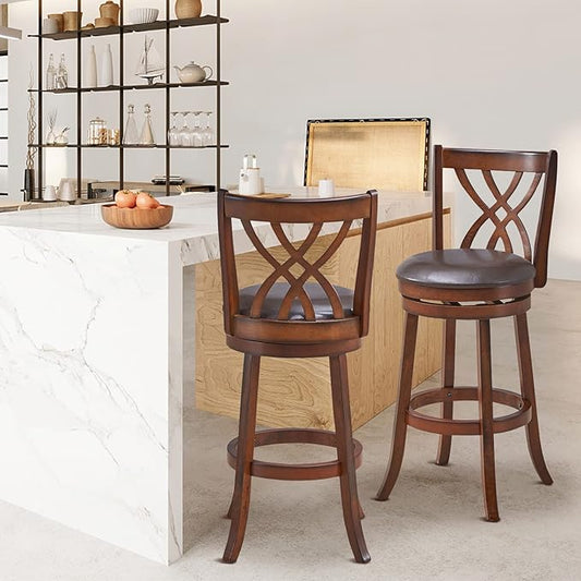COSTWAY Bar Stools Set of 4, 360° Swivel Chairs with Rubber Wood Frame, 30-Inch PU Leather Cushioned Seat and Footrests, for Kitchen Island, Dining Room, Bar (Brown-30 inches, 4 stools)