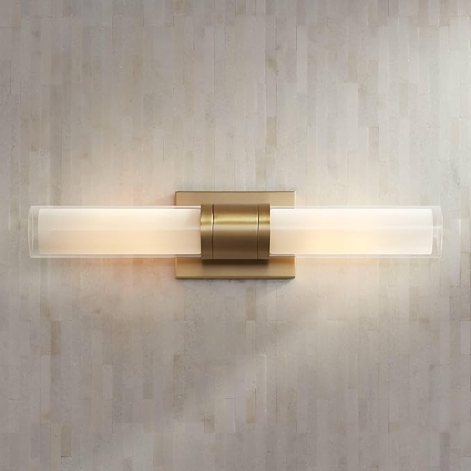 Possini Euro Design Brianna Modern Wall Mount Light Brass Gold Metal Hardwired 23 1/2" Wide Light Bar Fixture Double White Clear Glass Tube Shade for Bathroom Vanity Mirror House Home Room Decor