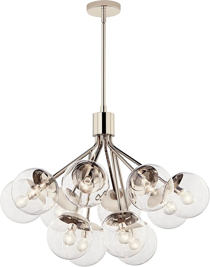 KICHLER Silvarious 12-Light Convertible Chandelier, Soft Modern Light with Clear Glass in Polished Nickel, for Dining Room, Living Room, Bedroom or Foyer (22.25" x 30"), 52701PNCLR