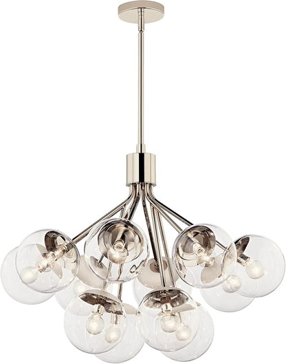 KICHLER Silvarious 12-Light Convertible Chandelier, Soft Modern Light with Clear Glass in Polished Nickel, for Dining Room, Living Room, Bedroom or Foyer (22.25" x 30"), 52701PNCLR