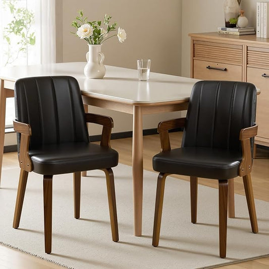 Kitchen Dining Chairs Set of 2, Faux Leather Upholstered Dining Room Chairs with Wood Arms and Legs, Mid Century Modern Kitchen Side Chair for Living, Bedroom, Restaurant, Walnut/Black