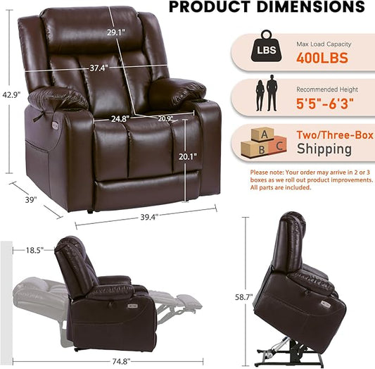 EONIX Dual Motor Oversized Power Lift Recliner Chair for Elderly, 400lbs Heavy Duty Faux Leather Recliner with Massage and Heat, Big and Tall Lay Flat Lift Chair with Cup Holders, SLRY006, Dark Brown