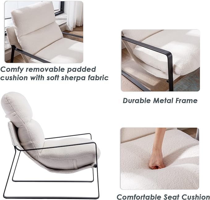 DUOMAY Mid-Century Modern Accent Chair, Comfy Sherpa Sofa Lounge Chair Reading Corner Chair for Living Room Bedroom Office, Mid-Back Arm Chair with Black Metal Leg, White
