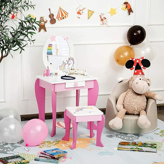 HONEY JOY Unicorn Kids Vanity, Toddler Makeup Table with Mirror and Stool, Wooden Pretend Play Vanity for Little Girls, Detachable Mirror and Storage Drawer, Kids Vanity Table and Chair Set (Pink)