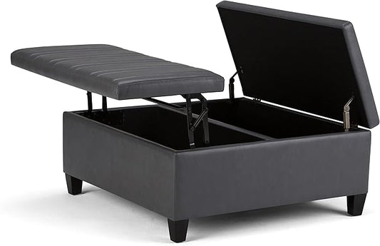 SIMPLIHOME Ellis 36 inch Wide Contemporary Square Coffee Table Storage Ottoman in Stone Grey Vegan Faux Leather, Assembled, For the Living Room and Bedroom