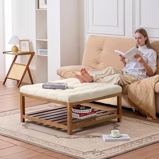 VEVOR Large Square Ottoman Coffee Table, 34.5 Inch Tufted Coffee Table with Solid Wood Shelf Storage, Linen Solid Upholstered Footrest Ottoman for Bedroom Living Room, 400 LBS, Off-White