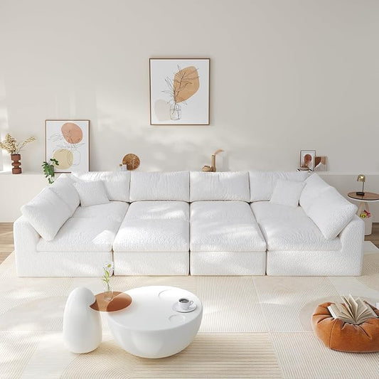 Boneless Cloud Couch Modular Sectional Sofa with Deep Seat for Living Room, L Shape Couch with Ottoman, Snowflake Cloth and 40D Memory Sponge，2 Throw Pillows (White, 6 Seater+2 Ottoman)