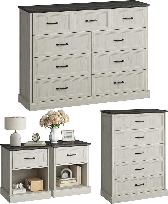 CARPETNAL Farmhouse Dresser and Nightstand Sets for Bedroom, 4 Pcs Bedroom Set, 5 Drawer & 9 Drawer Dresser and Nightstand Set of 2, Wood Chest of Drawers for Living Room, Entryway, White