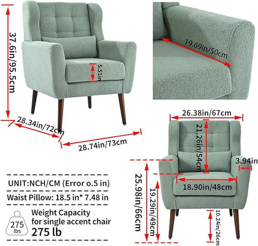 Accent Chair, Comfy Upholstered Living Room Chairs with High Tufted Backrest and Pillow, Wingback Reading Chair with Solid Wood Legs for Bedroom/Office, Teddy Fabric, Light Green