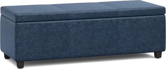 SIMPLIHOME Avalon Storage Ottoman Bench - 48 inch Wide Upholstered Vegan Leather Rectangular Lift-Top Ottoman in Denim Blue, Contemporary Storage Bench for Living Room with High-Density Foam