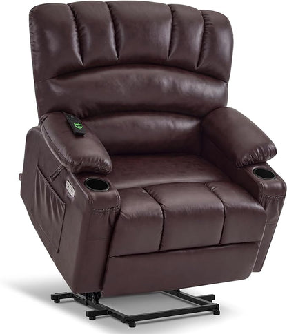MCombo Power Lift Recliner Chair for Elderly, Lift Chair with Heat and Massage, Extra Wide Lift Recliner for Big People, Faux Leather R7096 (Medium-Wide, Dark Brown)
