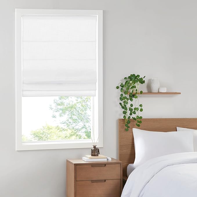 Madison Park Kyler Cordless Roman Shades - Single Panel, Lightweight Linen Blend Fabric, Natural Design, Easy Installation, Light Filtering Window Blind, Bedroom, Living Room Decor 27"W x 64"H White