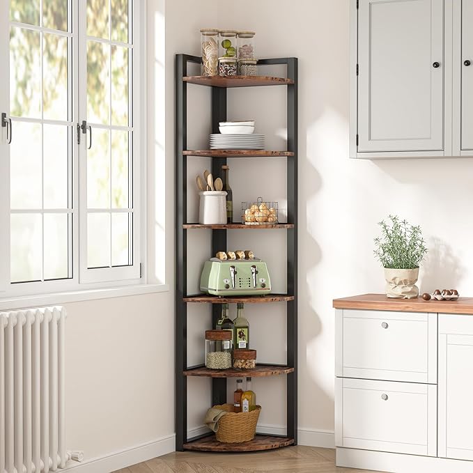 TRIBESIGNS WAY TO ORIGIN Corner Shelf, 70.9 Inch Tall Corner Bookshelf, 6 Tier Ladder Shelf with Metal Frames Multifunctional Modern Bookcase for Living Room, Home Office, Kitchen, Small Space (Brown)