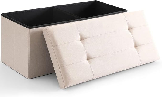 CUYOCA Storage Ottoman Bench Foldable Seat Footrest End of Bed Ottoman with Flipping Lid for Living Room, 75L, 30 inches Linen Fabric Beige