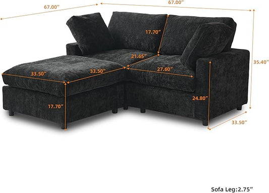 WJShome Sectional Couches for Living Room, 67 Inch Loveseat Sofa with Ottoman, Modern Chenille Fabric & Double Layer Cushions, Modular Couch for Apartment/Bedroom，Black