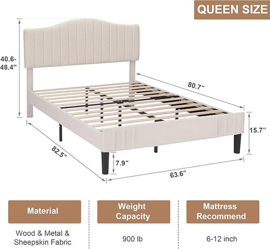 VECELO Queen Size Bed Frame Upholstered Platform Beds with Height-Adjustable Teddy Fabric Headboard, Strong Wood Slats 7.9'' Under Bed Storage Space Noise-Free No Box Spring Needed, Beige