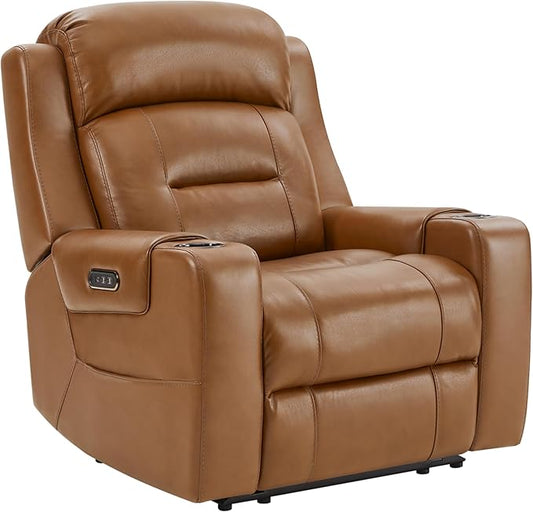 Watson & Whitely Oversized Genuine Leather Power Recliner Chairs for Big and Tall, Extra Wide Lay Flat Recliner with Power Headrest & Cup Holders, Electric Reclining Sofa for Living Room, Saddle
