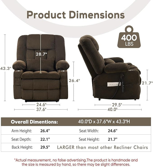 ABCASA Oversized Dual Motor Lay Flat Power Lift Massage Recliner Chair Set of 2, Lift Chairs Recliner with Lumbar Pillow, Cup Holder for Elderly with Heat for Living Room - Brown