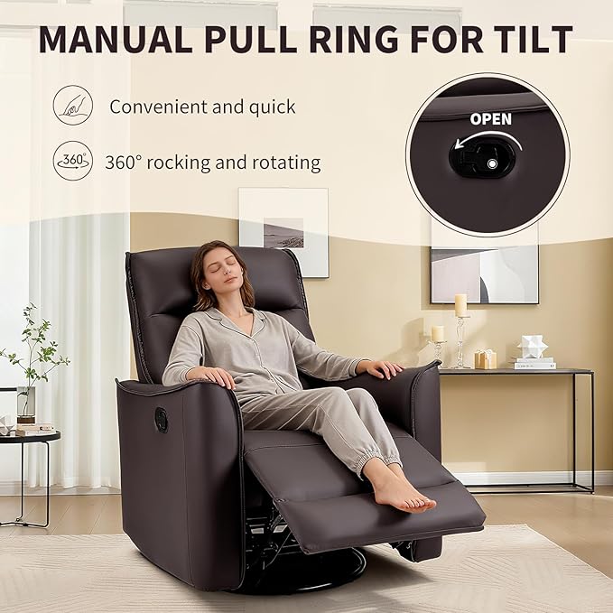 CANMOV Swivel Rocker Recliner, Glider Rocking Chair, Nursing Chairs Swivel Glider Recliners with Soft Backrest, Leathaire Manual Reclining Sofa for Living Room Bedroom Apartment, Dark Brown