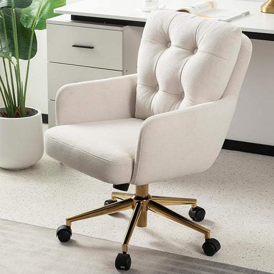 Velvet Office Chair, Comfy Home Office Desk Chairs with Lumbar Support, Modern Velvet Desk Chair Gold Legs Small Swivel Task Chair for Home Office, Bedroom, Study (Beige, L)