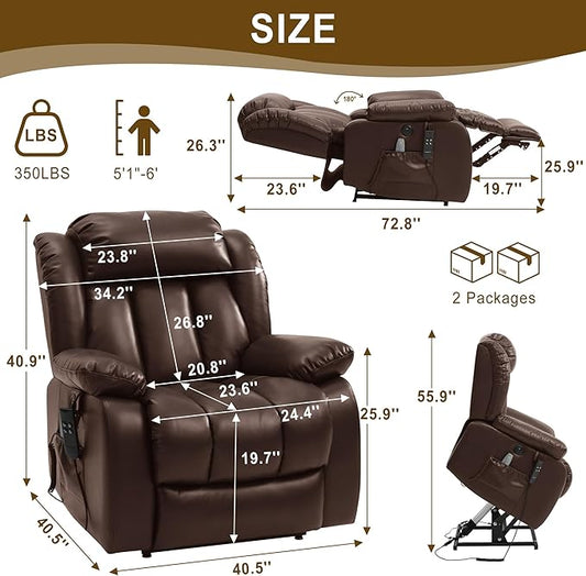 Dual Motor Large Power Lift Recliner Chair for Elderly with Heat and Massage,Lay Flat Lift Chairs Recliners for Seniors Infinite Position,USB Ports&Remote, Leather (Ochre) (Brown, Medium)