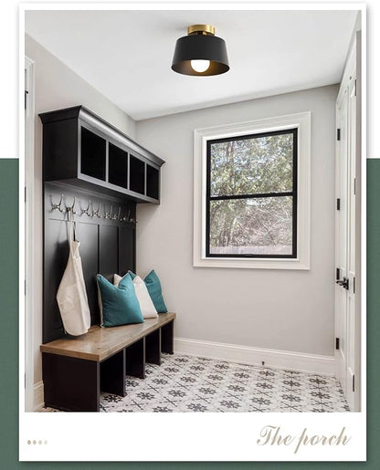Ceiling Light Fixture, Hallway Ceiling Light with Gold Plate and Matte Black Shade, Modern Simple Style Porch Light Fixtures Semi Flush Mount (Black)