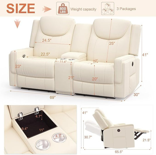 Loveseat Recliner Sofa, Beige PU Leather Double Recliner Loveseat with Console, Cup Holders, Storage & USB Ports, Ergonomics，Manual Reclining Sofa Couch for Living Room, RV