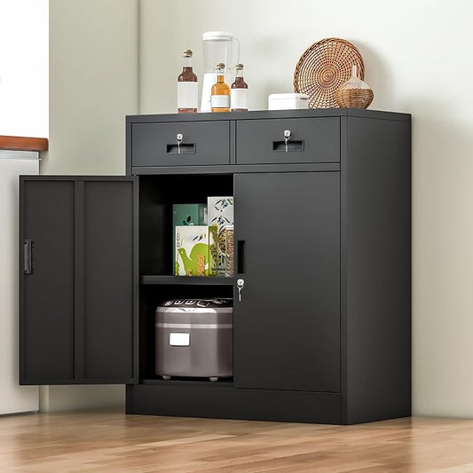 Metal Storage Cabinet with 2 Drawers and Shelves,36"H Locking Kitchen Storage Cabinets,Adjustable Shelf File Cabinet with Doors for Home Office, Garage,Laundry Room,Basement,Utility Room-Black
