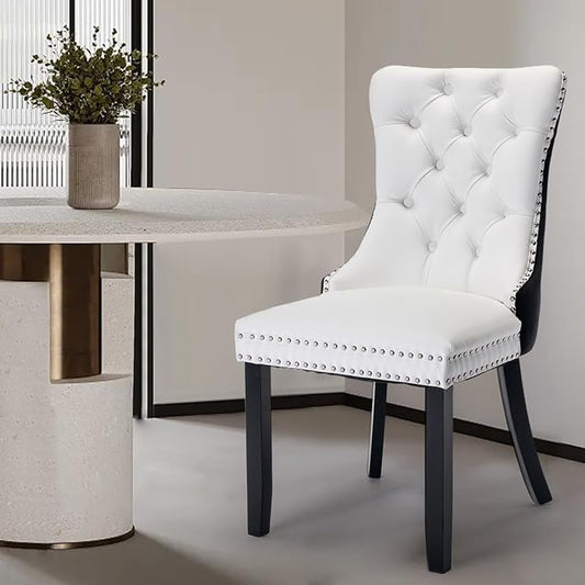 Leather Upholstered Dining Chairs Set of 6, Modern Style Kitchen Side Chairs with Nailhead Trim and Wood Leg, Metal Pulling Ring for Dining Room Living Room(Black&White,Set of 6)