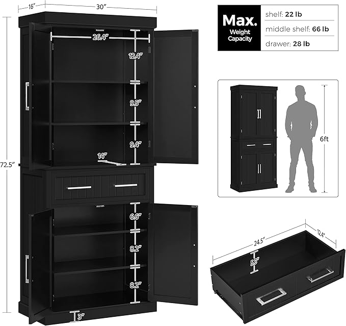 Yaheetech Kitchen Pantry Storage Cabinet with Drawer, Freestanding Pantry Cabinets with 2 Adjustable Shelves, 72.5" Tall Storage Cupboard for Kitchen/Dining Room/Bathroom/Hallway, Black