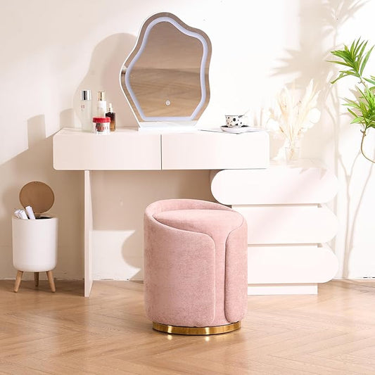 Swivel Vanity Stool with Back Comfy Vanity Chair with Gold Base Modern Round Stool for Makeup Vanity Ottoman Foot Rest for Bedroom livingroom (Pink)