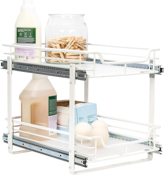 Household Essentials Glidez Multipurpose Paint-Finished Steel Pull-Out/Slide-Out Storage Organizer for Under Cabinet Use - 2-Tier Design - Fits Standard Size Cabinet or Shelf, White