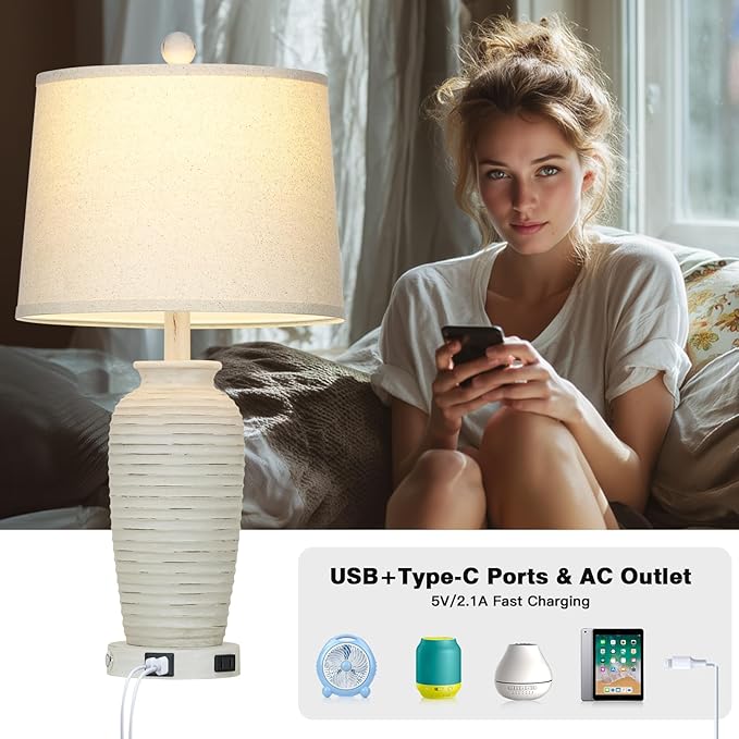 25" Retro White Farmhouse Jar Table Lamps for Living Room, 3 Way Touch Control Rustic Bedside Lamps with USB A+C Ports & AC Outlet, Pot Nightstand Lamps for Bedroom (LED Bulbs Included)
