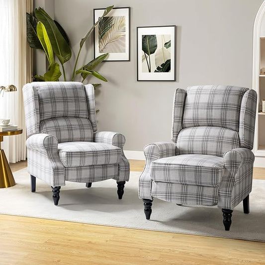 HULALA HOME Upholstered Wingback Recliner Chair Set of 2, Small Adjustable Footrest Push Back Single Reclining Sofa, Mid Century Modern Lounge Armchair for Living Room, Bedroom, Reading/Plaid Grey