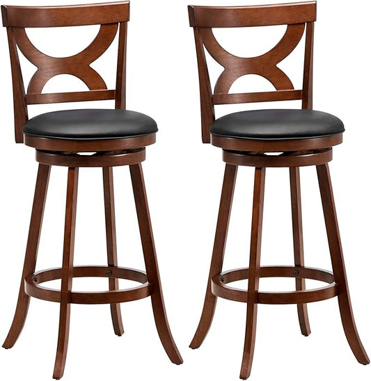 COSTWAY Bar Stools Set of 2, 30.5” 360-Degree Swivel Chairs with Soft Cushion & Elegant Hollow Backrest, Rubber Wood Footrests, Upholstered Swivel Bar Stools for Kitchen Island, Pub, Café (2, 30.5‘’)