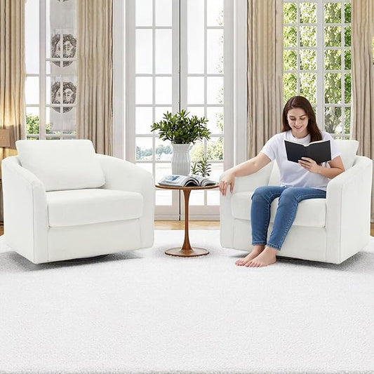 MINCETA Accent Chairs Set of 2, 360° Swivel Barrel Chair with High Density Foam, Oversized Reading Chair with Sherpa Teddy Upholstered Armchair for Living Room, Bedroom, Apartment White