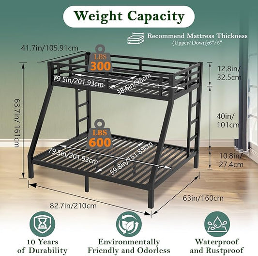 Bunk Beds Twin XL Over Queen, Heavy Duty Bunk Beds with Bottom Space & Guardrail Metal Bunk Bed Frame for Adults Teens Dorm Bedroom Guest Room, No Box Spring Needed（Black）
