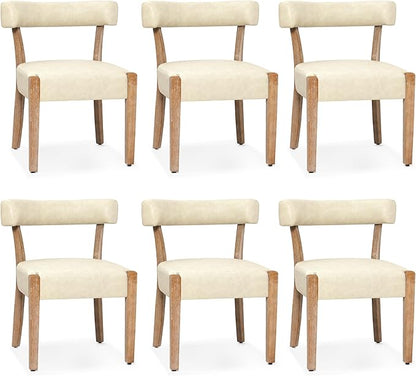 Modern Dining Chairs Set of 6, Faux Leather Upholstered Kitchen & Dining Room Chairs, Mid Century Modern Wooden Dining Chairs Oversized Sturdy Rounded Chairs Curved Back, Beige