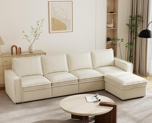 EALSON 119" Modular Sectional Sofa Comfy Cloud Couch with Ottoman Modern Convertible L Shape Couches with Wooden Legs Linen Deep Seat Couch 4-Seater Sofa with Ottoman for Living Room/Apartment,White